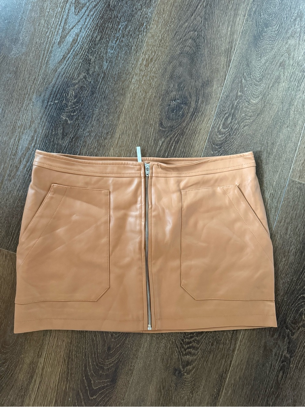 Free People Camel Faux Leather Front-Zip Mini Skirt